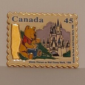 RETRO Winnie The Pooh Pin Canada Stamp 45 Cent Disney Fridge Magnet Gold Tone